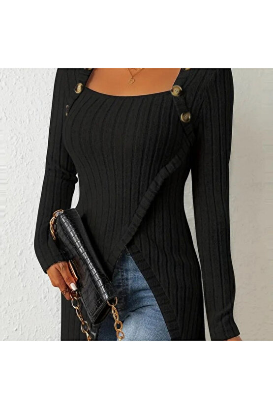 Kadın Uzun Kollu Derin Kare Yaka Düğme Detay şardonlu Kaşkorse Kruvaze Bluz