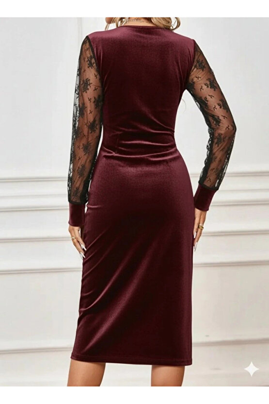 Kadın Uzun Kollu Kruvaze Yakalı Yandan Düğmeli önden çapraz Kesin Detaylı Midi Kadife Elbise