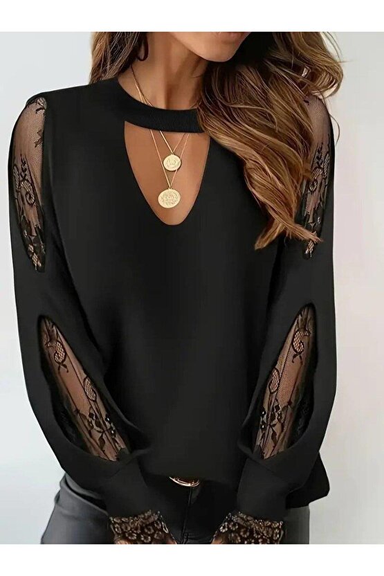 Kadın Uzun Kollu Damla Detaylı Viskon Iki Iplik Bluz