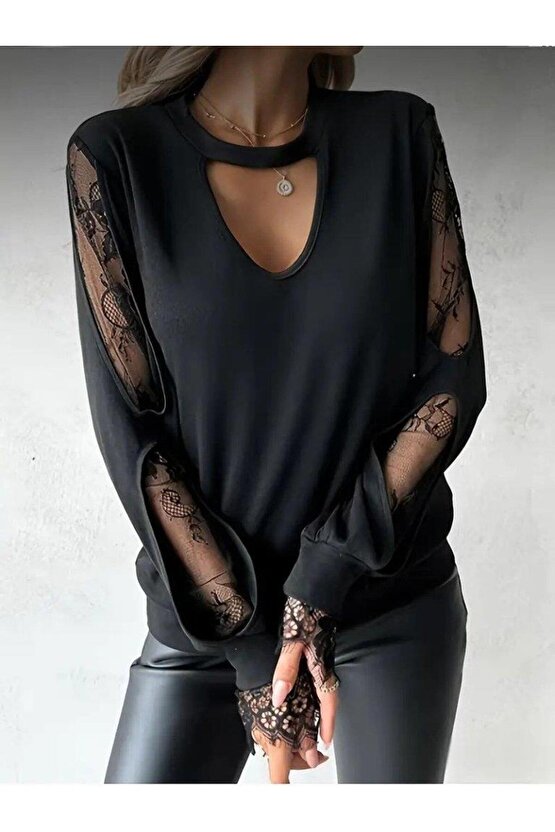 Kadın Uzun Kollu Damla Detaylı Viskon Iki Iplik Bluz