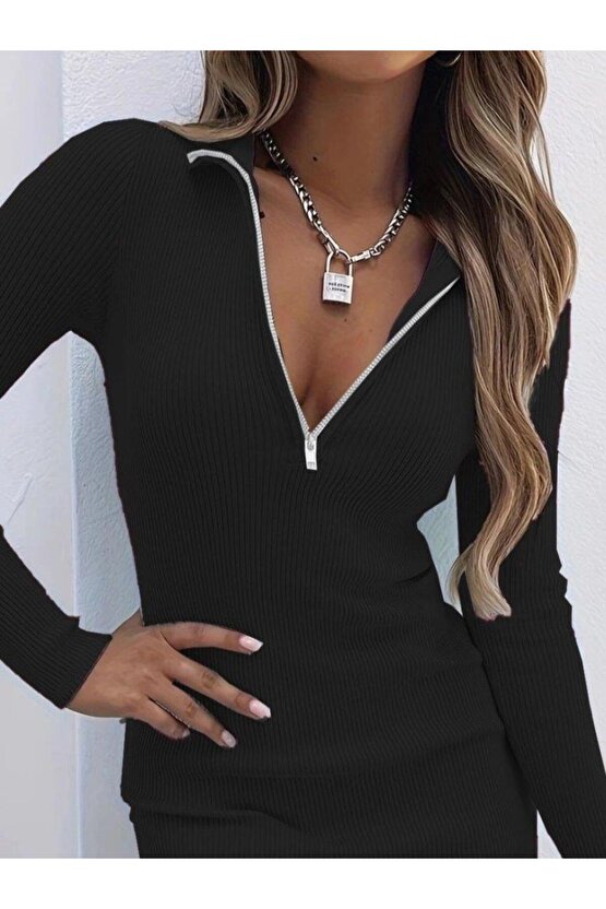 Kadın Uzun Kollu önden Fermuarlı Mini Kaşkorse Elbise