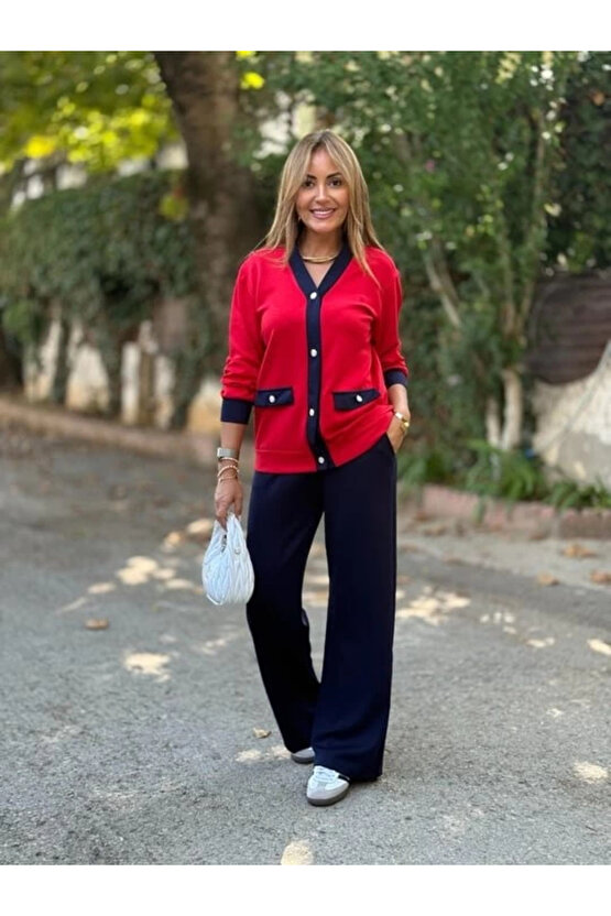 Kadın Uzun Kollu Ribanali Cep Detay Hırka Ve Bol Paça Pantolon Ikili Takım