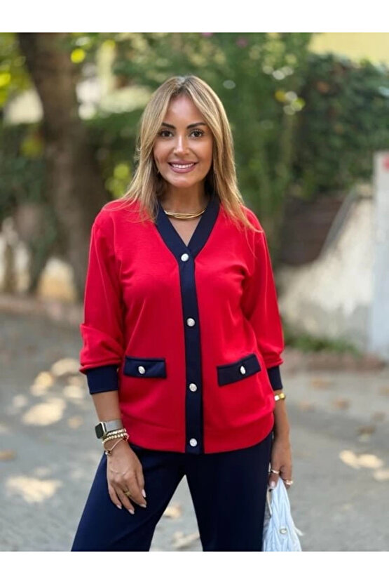 Kadın Uzun Kollu Ribanali Cep Detay Hırka Ve Bol Paça Pantolon Ikili Takım