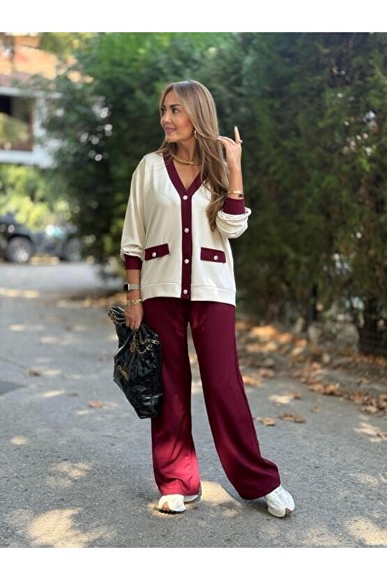 Gökyüzü Moda Kadın Uzun Kollu Ribanali Cep Detay Hırka Ve Bol Paça Pantolon Ikili Takım