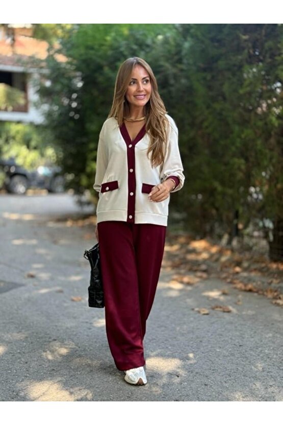 Gökyüzü Moda Kadın Uzun Kollu Ribanali Cep Detay Hırka Ve Bol Paça Pantolon Ikili Takım