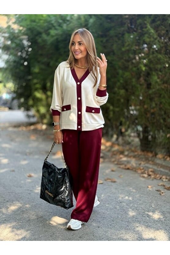 Gökyüzü Moda Kadın Uzun Kollu Ribanali Cep Detay Hırka Ve Bol Paça Pantolon Ikili Takım