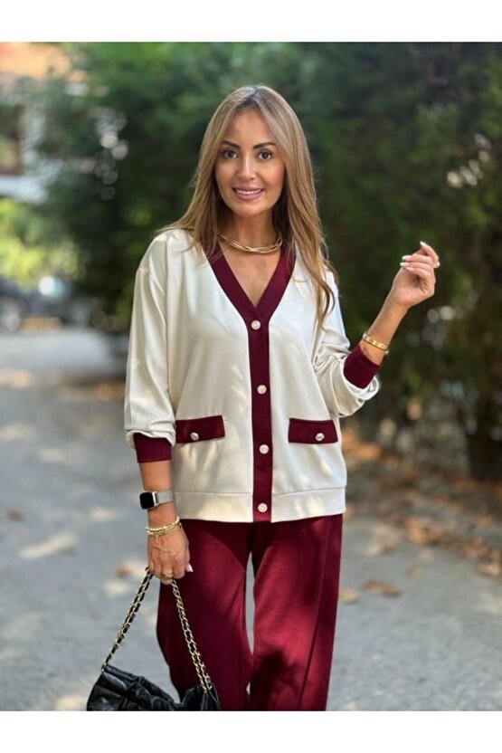 Gökyüzü Moda Kadın Uzun Kollu Ribanali Cep Detay Hırka Ve Bol Paça Pantolon Ikili Takım