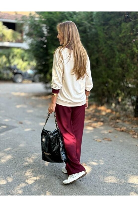 Gökyüzü Moda Kadın Uzun Kollu Ribanali Cep Detay Hırka Ve Bol Paça Pantolon Ikili Takım