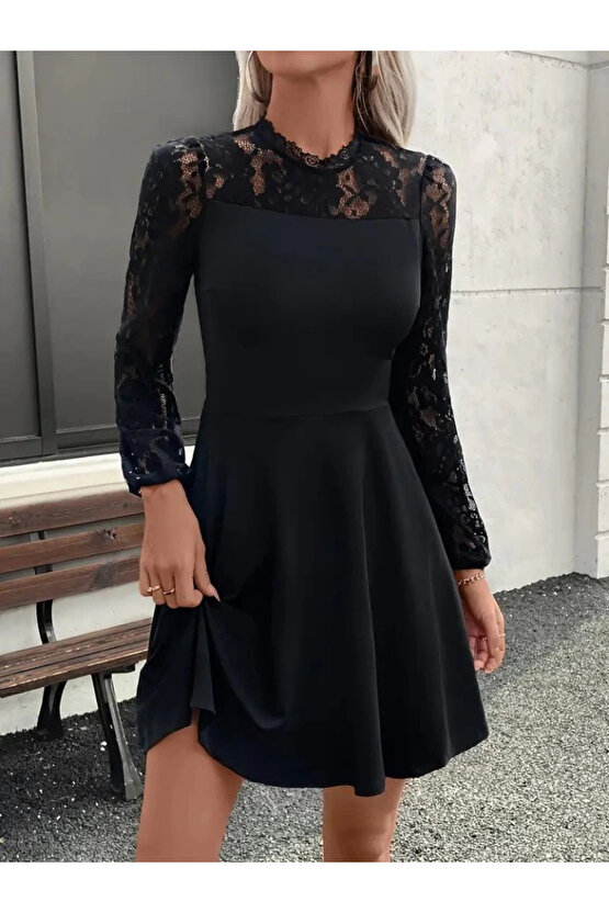 Kadın Uzun Kollu Dantelli Kloş Mini Ithal Krep Elbise