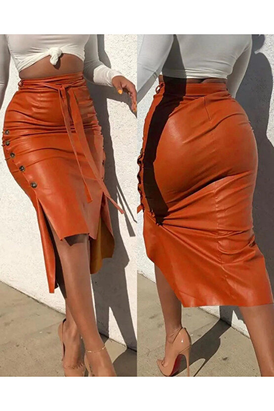 Kadın Yüksek Bel Kuşaklı Yanlardan Düğmeli Mini Deri Etek