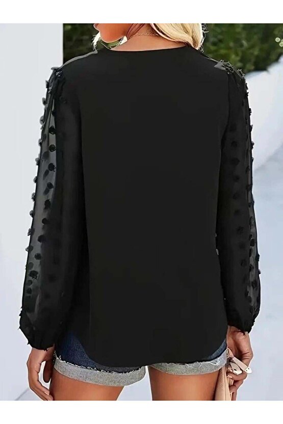 Kadın Uzun Kollu V Yakalı Kolları Popon Detaylı Sandy Bluz