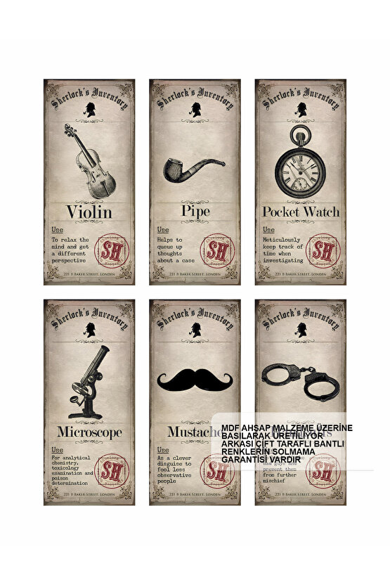 sherlock holmes polisiye roman karakteri dedektif işaretleri 6lı mini retro ahşap poster seti tablo
