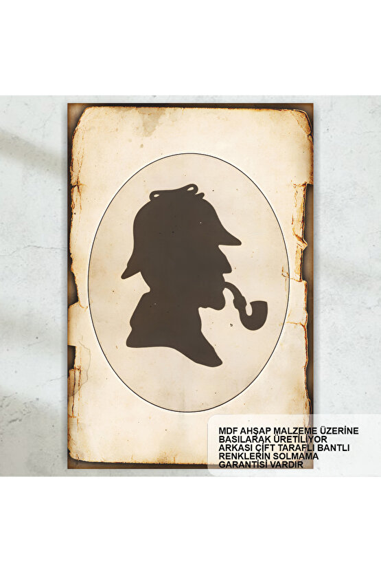 sherlock holmes pipo kasket şapka polisiye dedektif roman kahramanı retro ahşap poster tablo