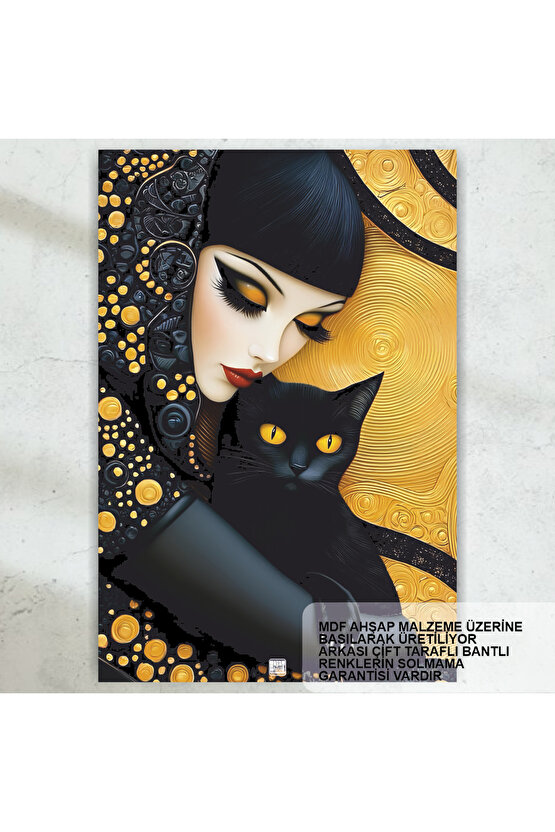 siyah kara kedi ve genç kadın yağlıboya ev dekorasyon tablo retro ahşap poster