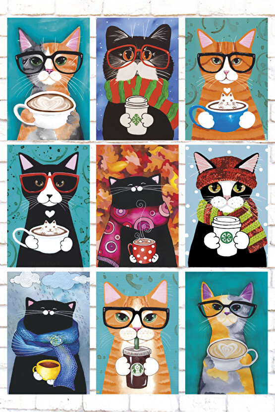 9 Parça Karışık Ahşap Tablo Seti kahve içen kediler ev mutfak kafe dekorasyon ahşap posterler seti