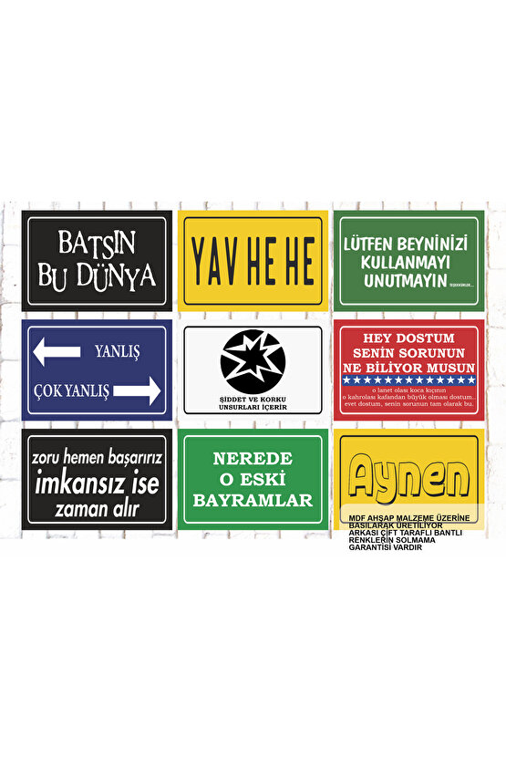 9 Parça Karışık Yazılı Ahşap Tablo Seti batsın bu dünya komik atarlı esprili sözler duvar yazıları