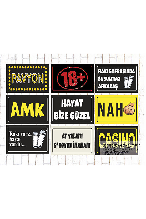 9 Parça Karışık Yazılı Ahşap Tablo Seti argo komik atarlı kamyon arkası sözler duvar yazıları