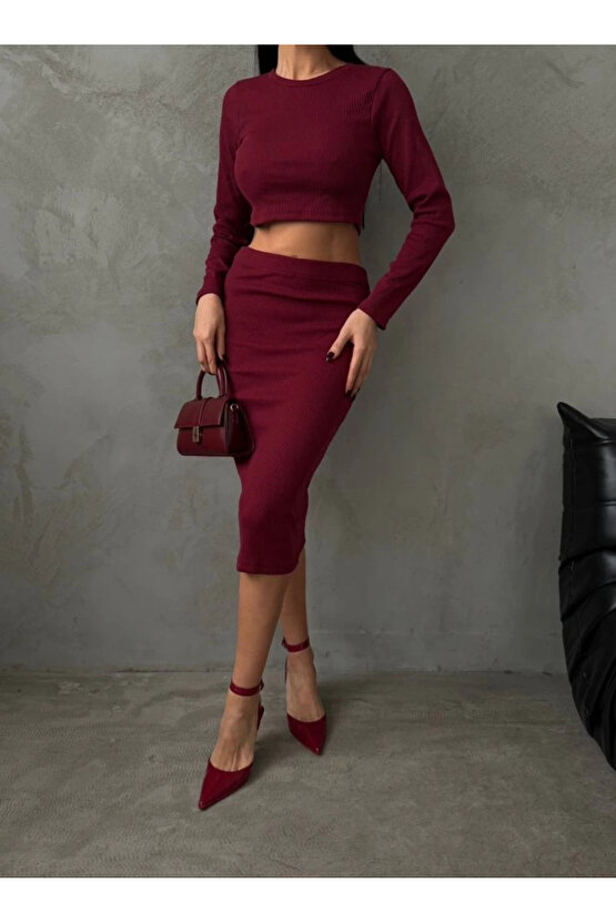 Kadın Uzun Kollu Bisiklet Yaka Crop Ve Midi Boy Kaşkorse Kumaş Etek Ikili Takım