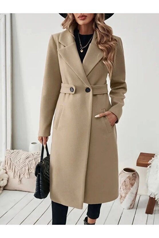 Kadın Uzun Kollu Yakalı Belde şerit Düğme Detaylı Cepli Mini Kaşe Kaban