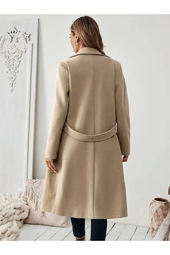 Kadın Uzun Kollu Yakalı Belde şerit Düğme Detaylı Cepli Mini Kaşe Kaban