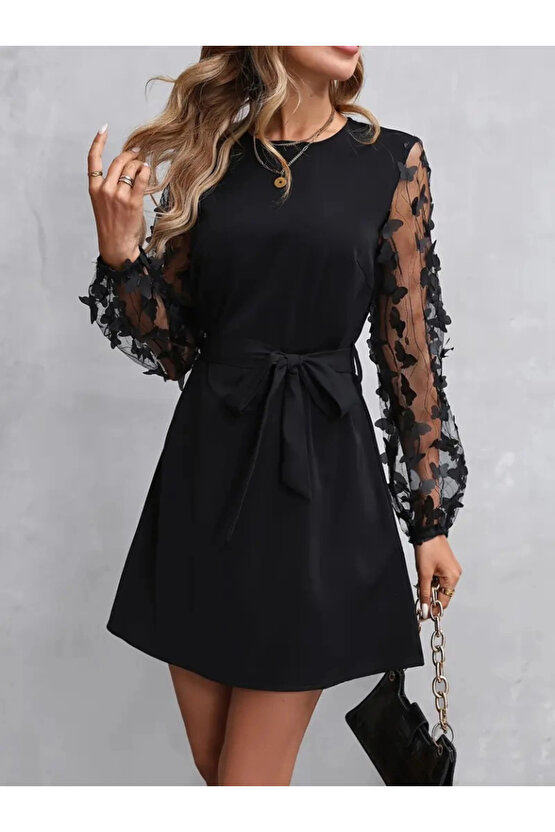 Kadın Uzun Kollu Bisiklet Yaka Kollar Tül Kelebek Detaylı Ithal Krep Elbise