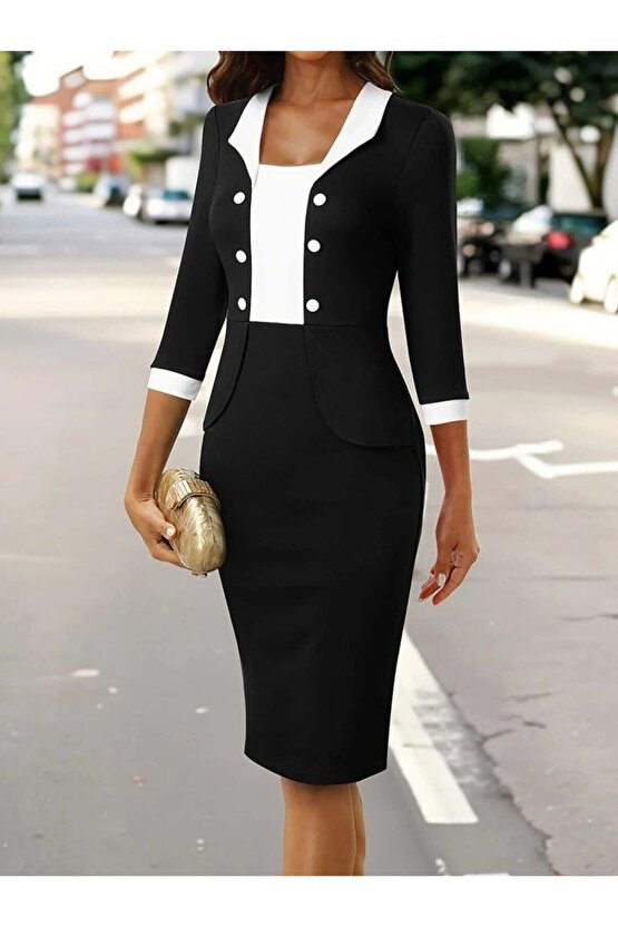 Kadın Truvakar Kol çift Renkli Düğmeli Kısa Ithal Krep Elbise