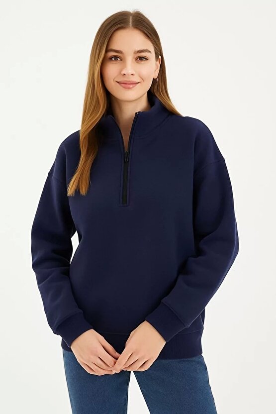 Kadın Üç İplik Dık Yaka Yarım Fermuarlı SweatShirt - Lacivert