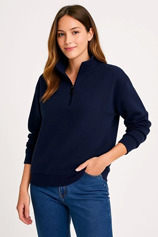 Kadın Üç İplik Dık Yaka Yarım Fermuarlı SweatShirt - Lacivert