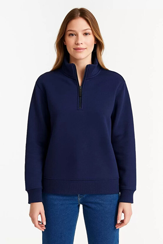 Kadın Üç İplik Dık Yaka Yarım Fermuarlı SweatShirt - Lacivert