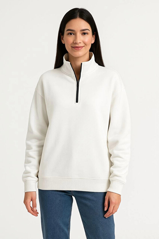 Kadın Üç İplik Dık Yaka Yarım Fermuarlı SweatShirt - Beyaz