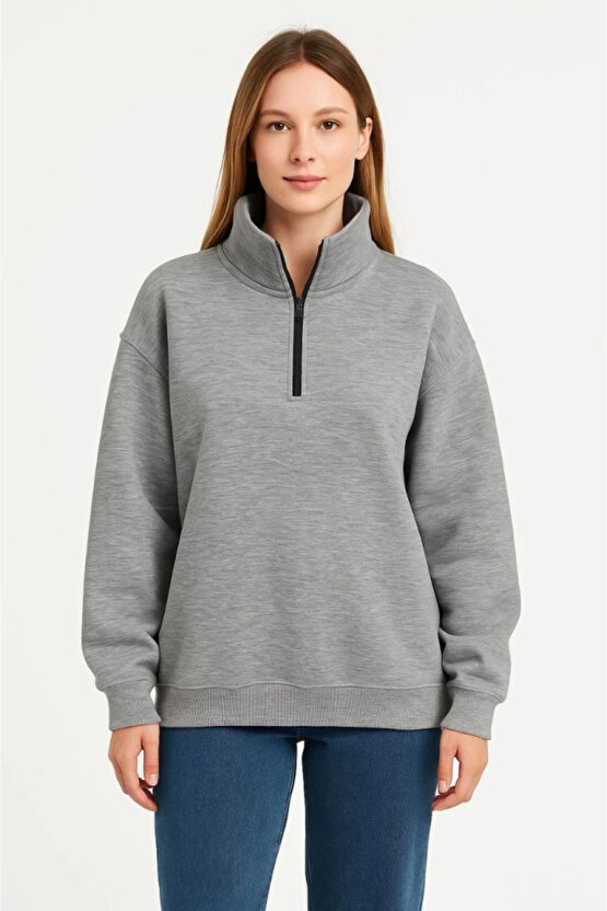 EQURİ Üç İplik Dık Yaka Yarım Fermuarlı SweatShirt - Gri