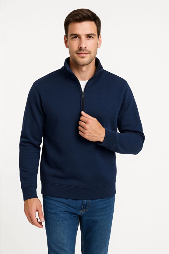 Erkek Dik Yaka Sweatshirt Dik Yaka Yarım Fermuarlı 3 İplik Şardonlu Pamuk Kumaş - Lacivert