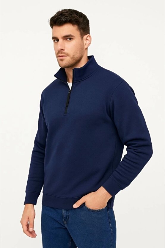 Erkek Dik Yaka Sweatshirt Dik Yaka Yarım Fermuarlı 3 İplik Şardonlu Pamuk Kumaş - Lacivert