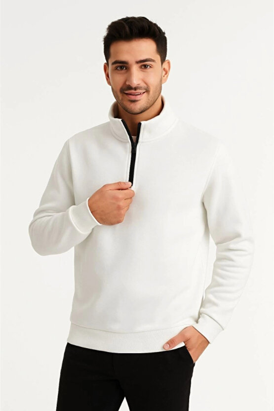 Erkek Dik Yaka Sweatshirt Dik Yaka Yarım Fermuarlı 3 İplik Şardonlu Pamuk Kumaş - Beyaz