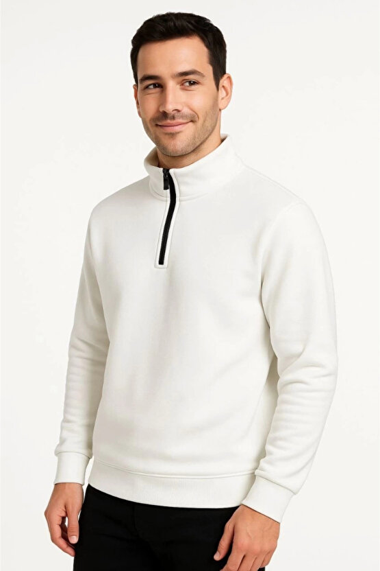 Erkek Dik Yaka Sweatshirt Dik Yaka Yarım Fermuarlı 3 İplik Şardonlu Pamuk Kumaş - Beyaz