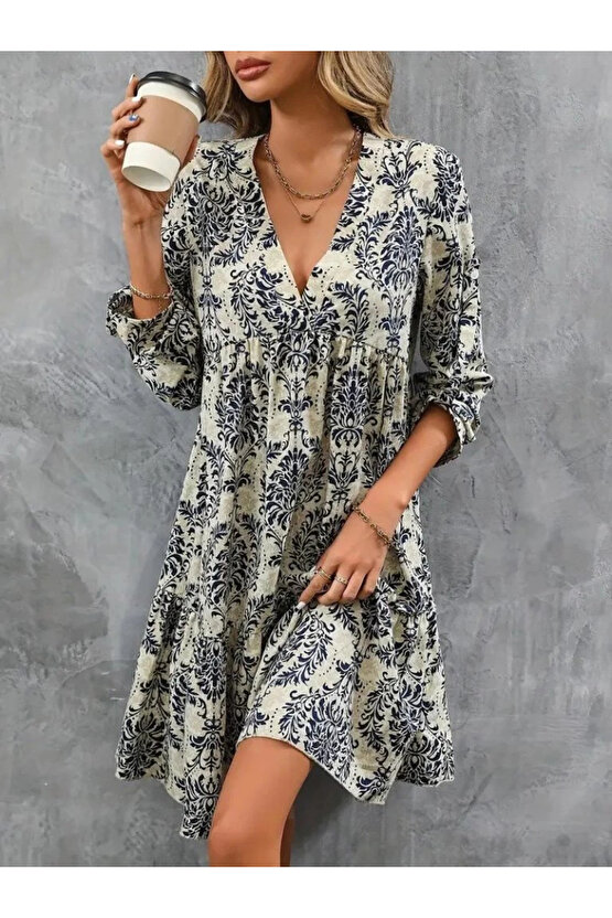 Kadın Uzun Kollu V Yakalı Fırfırlı Mini Süprem Elbise