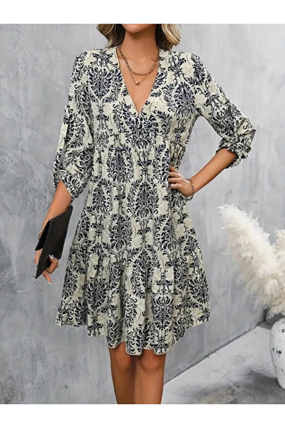 Kadın Uzun Kollu V Yakalı Fırfırlı Mini Süprem Elbise