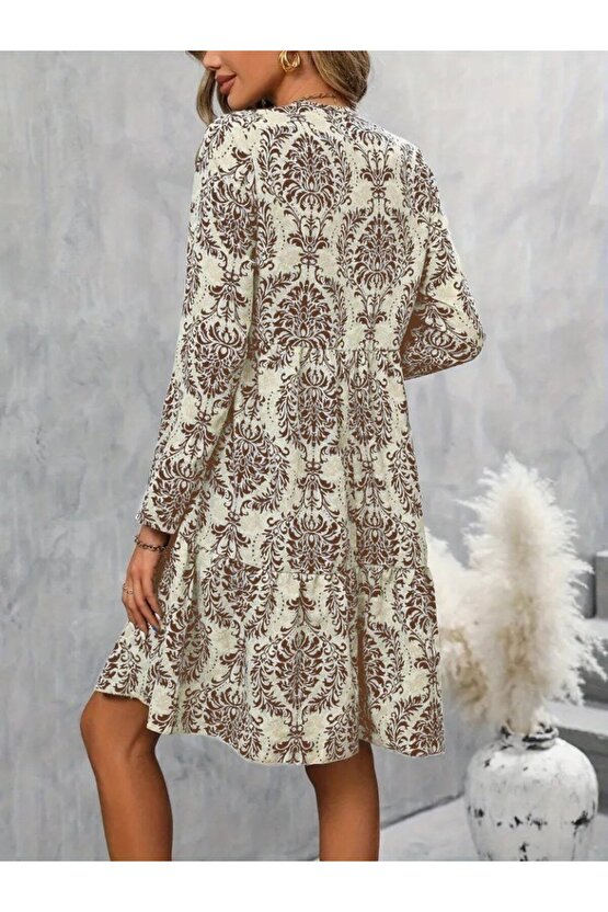 EQURİ Kadın Uzun Kollu V Yakalı Fırfırlı Mini Süprem Elbise