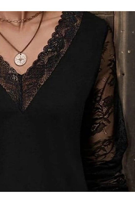 Kadın Uzun Kollu V Dantel Yakalı Viskon Bluz