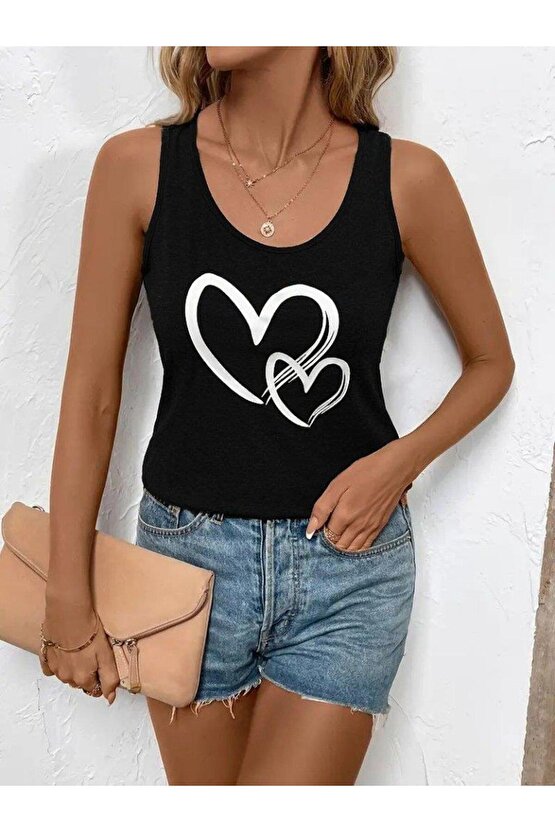 Kadın Askılı Yuvarlak Yaka Kalp Baskılı Viskon Bluz