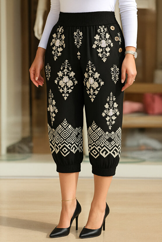 EQURİ Kadın Beli Lastikli Etnik Desenli Kapri Süprem Pantolon