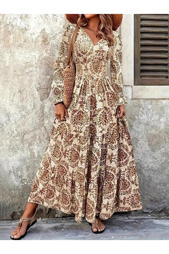 Kadın Uzun Kollu V Yakalı Desenli Süprem Elbise