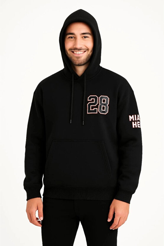 Üç İplik Kapüşonlu Ön Ve Arka Baskılı SweatShirt Hoodie - Siyah