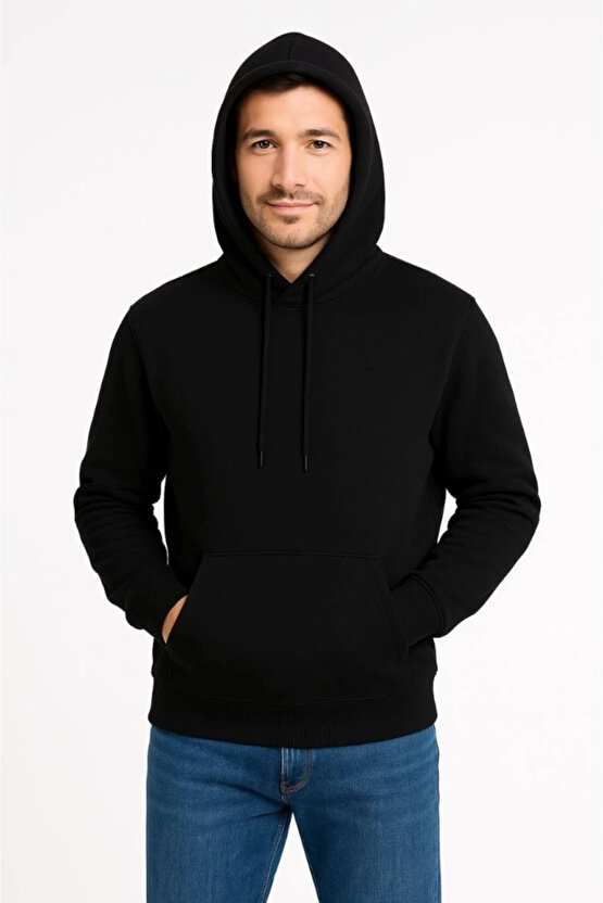 EQURİ Erkek Üç İplik Kapüşonlu Kanguru Cepli SweatShirt Hoodie - Siyah