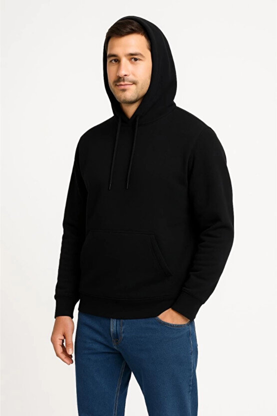EQURİ Erkek Üç İplik Kapüşonlu Kanguru Cepli SweatShirt Hoodie - Siyah