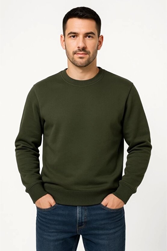 Erkek Üç İplik Düz Bisiklet Yaka SweatShirt - Haki