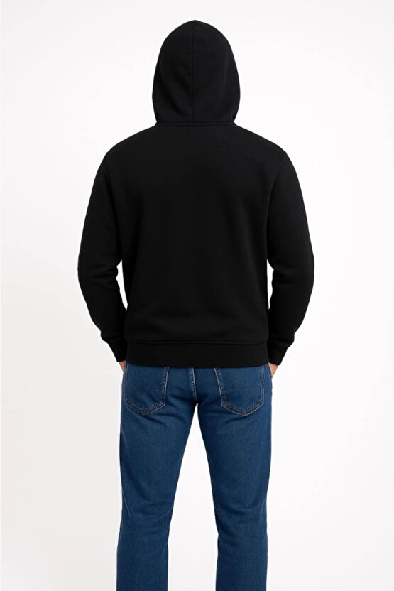 EQURİ Erkek Üç İplik Kapüşonlu Kanguru Cepli SweatShirt Hoodie - Siyah