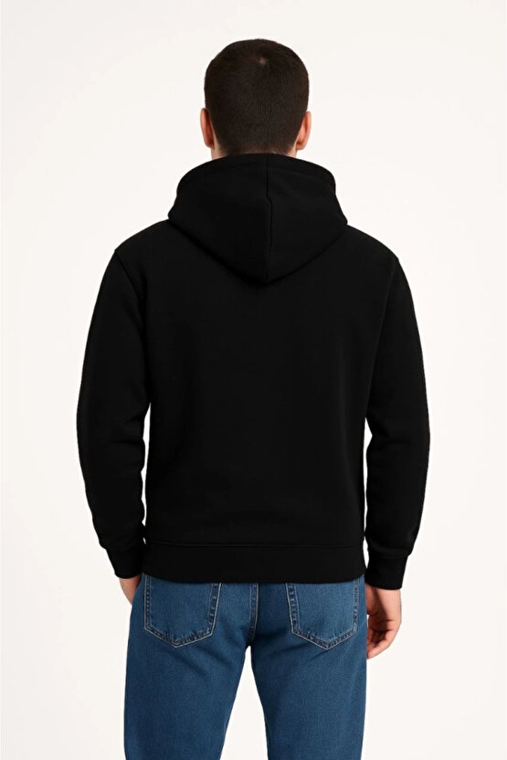 EQURİ Erkek Üç İplik Kapüşonlu Kanguru Cepli SweatShirt Hoodie - Siyah