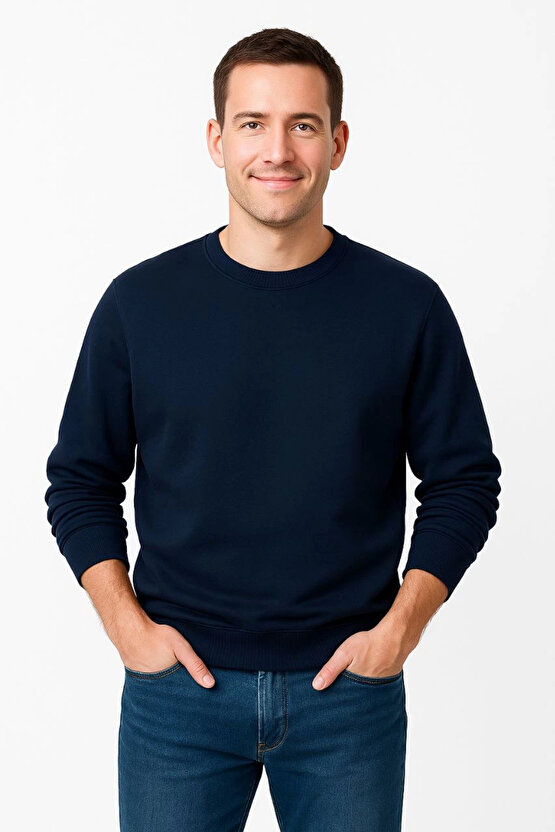 Erkek Üç İplik Düz Bisiklet Yaka SweatShirt - Lacivert