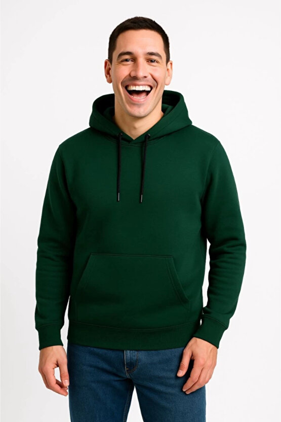 Erkek Üç İplik Kapüşonlu Kanguru Cepli SweatShirt Hoodie - Haki